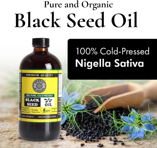 Vista 2 de Aceite de semilla negra pura – 100% puro Nigella sativa – prensado en frío – vegano – sin OMG – 16 oz – en botella de vidrio – Herbal by Nature