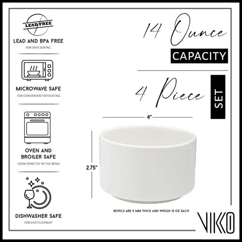 Vista 2 de Vikko Moderno juego de 4 cuencos de sopa de porcelana blanca mate, apilables de 14 onzas, elegante, estilo restaurante, apto para microondas