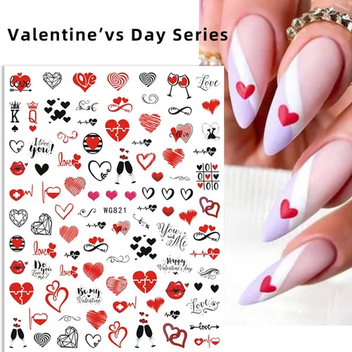 Vista 3 de Calcomanías para decorarte las uñas con diseños de San Valentín, diseño de corazón negro y relacionados con el amor, en 3D, autoadhesivas, letras, 6