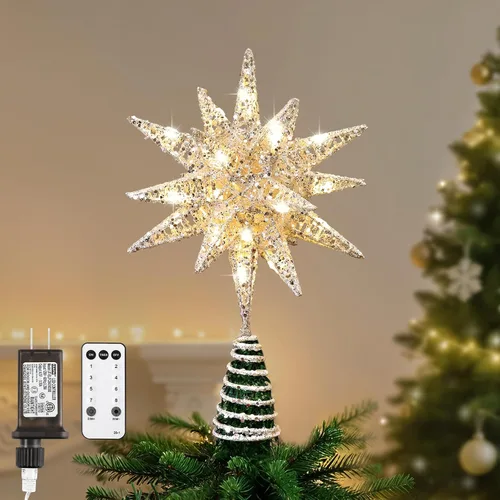 Vista 17 de Lewondr Decoración para árbol de Navidad, decoración de árbol de Navidad con forma de estrella en 3D con diseño de explosión de estrellas, control