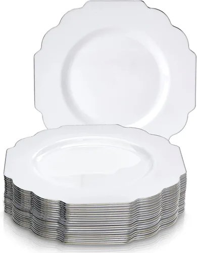 Vista 8 de SILVER SPOONS Platos desechables de diseño elegante para fiesta (10 piezas) Juego de cena desechable resistente de 10.75 pulgadas, platos de Blanco