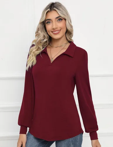 Vista 5 de LOMON Camisas tipo polo de manga larga con cuello en V y manga abombada para mujer