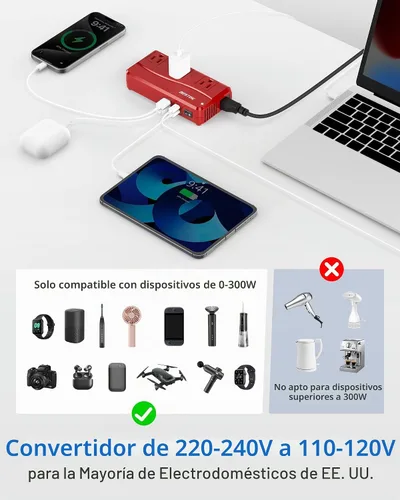 Vista 3 de BESTEK Adaptador de corriente internacional de 300 W, 220 V a 110 V, convertidor de voltaje de viaje reductor con 4 puertos USB (2 USB de 20 W)