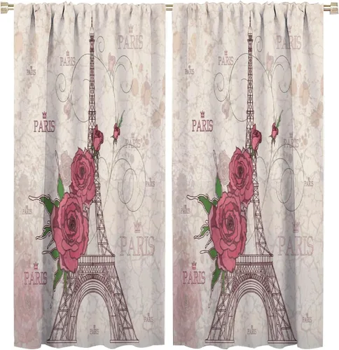 Vista 16 de Cortinas de la Torre Eiffel de París, pintura al óleo, flores moradas, torres de ciudad, con bolsillo para barra, cortinas de ventana