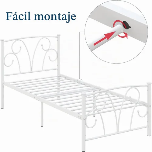 Vista 8 de Elephance - Base de cama individual con cabecera y estribo de metal, color blanco