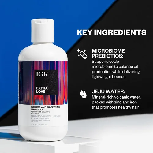 Vista 6 de IGK EXTRA LOVE Champú para volumen y engrosamiento Champú voluminizador para cabello fino y fino Hidrata + apoya el cuidado del cuero cabelludo