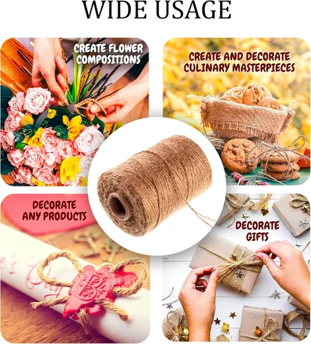 Vista 8 de Cuerda de yute natural de 600 pies, cuerda fina de arpillera para caja de regalo, embalaje, decoración, jardinería, 2 capas