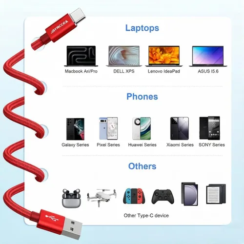 Vista 10 de Bynccea - Paquete de 5 cables USB C de 10 pies tipo C cargador de carga rápida de nailon trenzado USB A a USB C cable para Samsg Galaxy A15 A25 A35