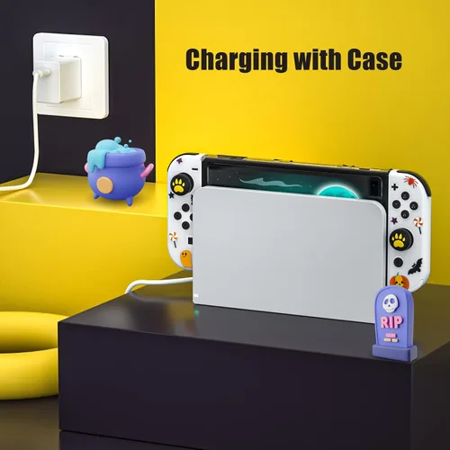 Vista 4 de Halloween Decoration Switch OLED Case, Switch OLED Protective Case with TPU Joycon Covers and Glass Screen Protector and Thumb Grip Caps