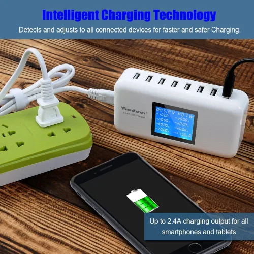 Vista 8 de Cargador de pared USB de 60 W y 8 puertos, estación de carga con cargador USB multipuerto W/LCD compatible con teléfonos inteligentes, tabletas