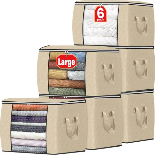 Vista 67 de Fab totes Paquete de 3 bolsas de almacenamiento plegables de tela gruesa, contenedores para organizar dormitorio, armario, ropa, edredón, Beige