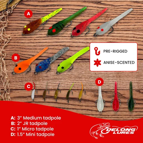 Vista 3 de DELONG LURES Paquete de 16 señuelos de pesca para renacuajo, señuelos preaparejados para lubina, crappie, branquia azul y aparejos de pesca