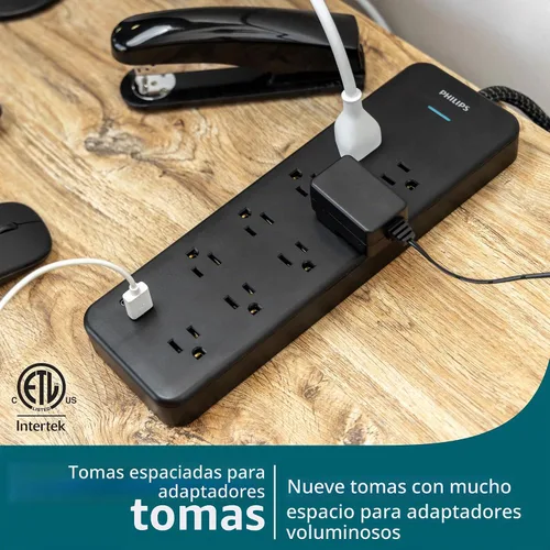 Vista 2 de Philips Protector de sobretensiones de 9 salidas con carga USB, cable de extensión trenzado de 6 pies, 1USB-A, 1USB-C, 2400J, espaciado