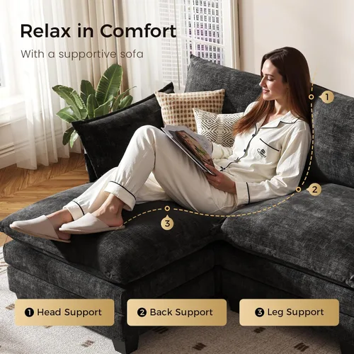 Vista 5 de KKL Sofá Cama Seccional Modular Grande de 91.3", Sofá Cama Convertible en Forma de J/L de 6 Plazas Sofá Nube con Otomana, Sofás Seccionales