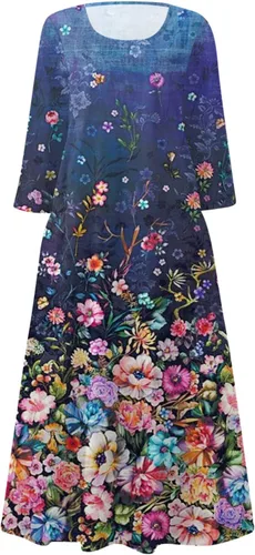 Vista 2 de EKVAHL Vestido de manga 34 para mujer, vestidos de otoño, casual, holgado, talla grande, cuello redondo, estampado floral, elegante vestido largo