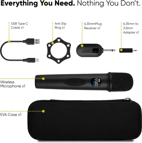 Vista 4 de Sistema de Micrófono Inalámbrico Bowens – Micrófono Inalámbrico para Karaoke con Receptor, Control de Eco, Pantalla LCD, Carga USB-C, Adaptador