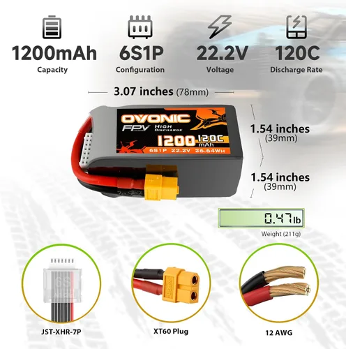 Vista 2 de OVONIC 6s Lipo Batería 120C 1200mAh 22.2V Lipo Batería con XT60 Conector para RC FPV Racing Drone Quadcopter