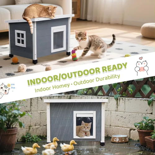 Vista 5 de Agitree Casa de madera para mascotas al aire libre, refugio de invierno resistente a la intemperie para perros y gatos, diseño elevado con ventana