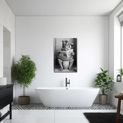 Vista 5 de LZIMU Divertida decoración de pared de baño, diseño de tigre sentado en el inodoro, leyendo periódicos, pósteres enmarcados de animales en blanco