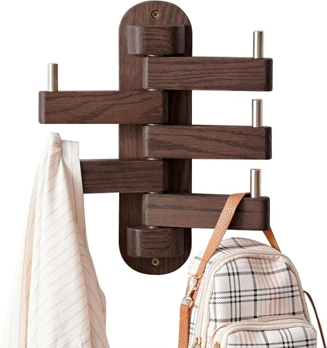 Vista 7 de Perchero giratorio para pared, ganchos de pared de madera de roble con 5 brazos plegables giratorios, estante de entrada para dormitorio, entrada