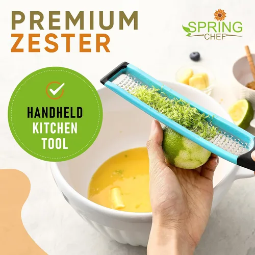 Vista 2 de Spring Chef Rallador Zester de limón prémium con asa, frutas, ajo, chocolate, jengibre, herramienta de cocina resistente, zester cítrico de acero