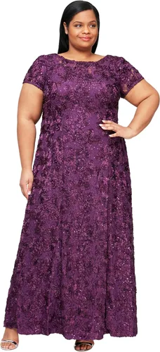 Vista 17 de Alex Evenings Women's Long Rosette Mother of The Bride Dress with Short Sleeves Bígaro cepillado