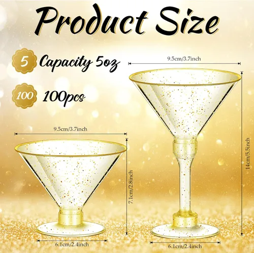 Vista 2 de Hoolerry 100 vasos de Martini de plástico de 5 onzas con purpurina dorada desechables, vasos de cóctel altos para aperitivos, tazas de postre, vasos