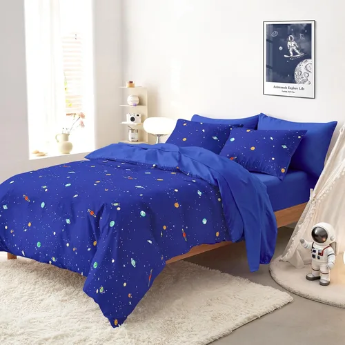 Vista 3 de Wake In Cloud - Juego de edredón espacial, tela 100% algodón, diseño de astronauta con diseño de constelación, cohete y estrella, para niños