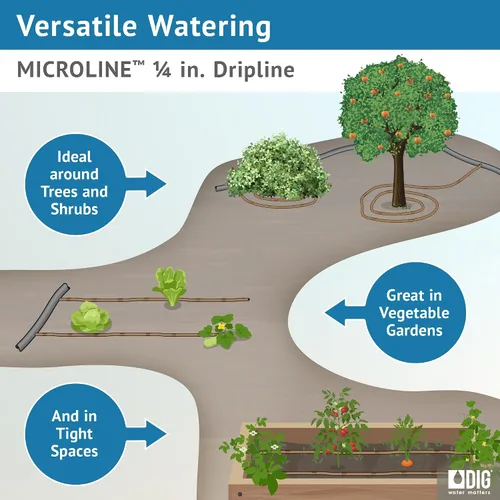 Vista 3 de DIG ML-112B ¼" 100' MICROLINE™ Dripline, 12" doble salida emisor espaciado, tubo resistente a los rayos UV para riego eficiente Ideal para camas