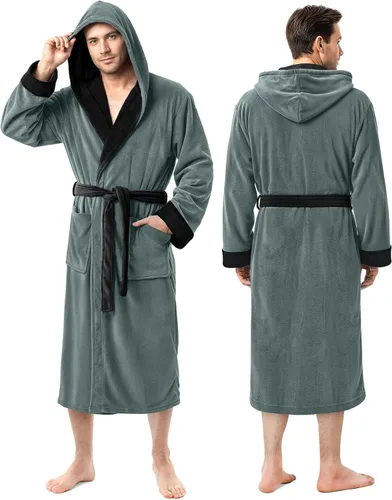 Vista 11 de NY Threads - Bata de baño con capucha para hombre de lujo, bata de baño de felpa de lujo con capucha, bata de spa para hombre Negro