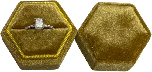 Vista 11 de Caja de anillo hexagonal de terciopelo, 1 ranura para compromiso y ceremonia de boda, exhibición plana y almacenamiento (azul claro)