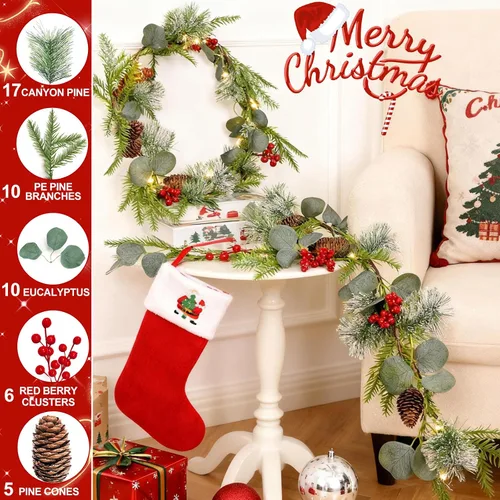 Vista 3 de Timer – Guirnalda de Navidad preiluminada con nieve artificial de 6 pies, guirnalda de cedro de tacto real con luces, bayas rojas y piñas de pino