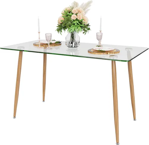 Vista 9 de Tangkula Mesa de comedor de cristal, mesa rectangular moderna con mesa de vidrio templado y patas de acero negro, mesa versátil de cocina simple