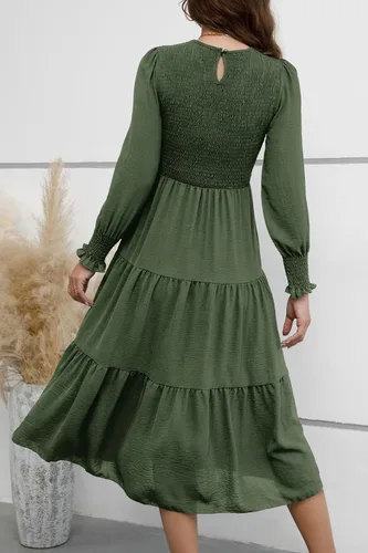Vista 4 de ZOOMOON Vestido casual de otoño de manga larga para mujer, cuello redondo, cintura alta fruncida, vestidos largos escalonados