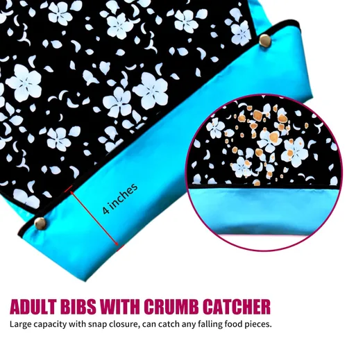 Vista 8 de Baberos para adultos, paquete de 3 baberos para adultos con flor de cerezo para mujeres, lavables con atrapa migas (negro y rosa, paquete de 3)