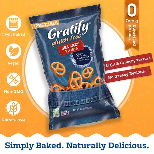 Vista 4 de Gratify Pretzel Sea Salt Twists – Patatas fritas de pretzel veganas y sin gluten, bolsas individuales, aperitivos horneados saludables al horno