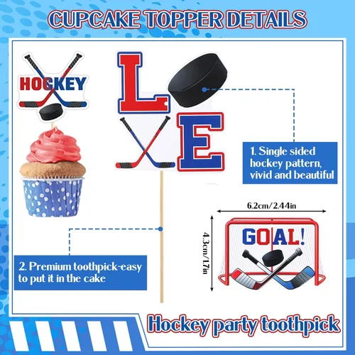 Vista 4 de 27 piezas de suministros de fiesta de cumpleaños de hockey bola de hielo, regalos de fiesta de hockey para cupcakes, remolinos colgantes