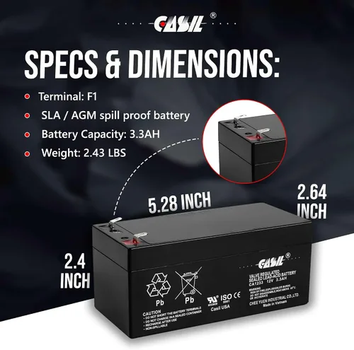 Vista 4 de Casil Batería de repuesto de 12V 3.3Ah para Amstron AP1232 AP-1234 AP123 APC Back-UPS ES 350 ES BE325-CN/B ES BE350C / BE3 UPS ES350 BE350R BP3-12
