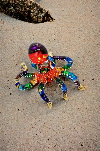 Vista 5 de WitnyStore Figura pequeña de pulpo arcoíris punteado dorado de 5½ pulgadas, pulpos de vidrio soplado a mano, calamares, sepia, moluscos marinos