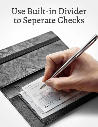 Vista 7 de Yarnic Funda para chequera personal, soporte para chequera con soporte para bolígrafo y divisor de plástico transparente integrado para cheques