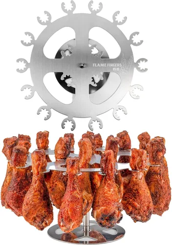 Vista 5 de Estante de parrilla para pollo XL de Flame Fingers - Sostiene 18 patas, alas, muslos, piruletas o baquetas de pavo. Diseño giratorio de acero