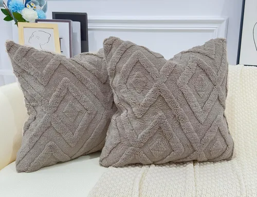 Vista 11 de Juego de 2 fundas de almohada de piel sintética beige de 16x16, funda de almohada decorativa de cuadros suave estilo boho para sofá, cama, sala