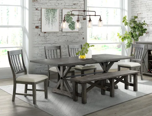 Vista 2 de Sunset Trading Juego de comedor gris de 6 piezas con banco Mesa extensible rectangular de 96 pulgadas 4 sillas laterales tapizadas Madera
