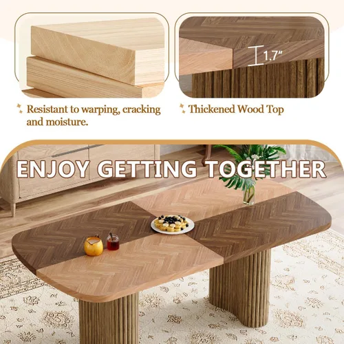 Vista 3 de Mesa de comedor extra larga de 78.7 pulgadas para 6-10 personas, mesa de cocina moderna con bases estriadas, mesa de comedor rectangular de granja