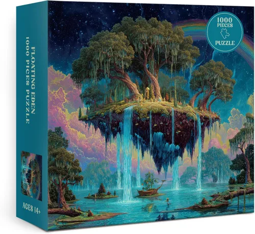 Vista 2 de Rompecabezas de isla flotante de bosque de fantasía de 1000 piezas para adultos, rompecabezas mágico de cascada de arco iris, rompecabezas de arte