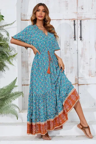Vista 2 de R.Vivimos Vestido por debajo de la rodilla, para mujer, manga corta, de algodón, con cuello en V, diseño floral y estilo informalbohemio