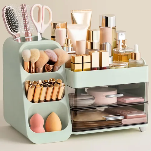Vista 10 de HBlife Organizador de maquillaje con soporte para brochas para tocador, organizador grande de plástico para tocador de baño, almacenamiento