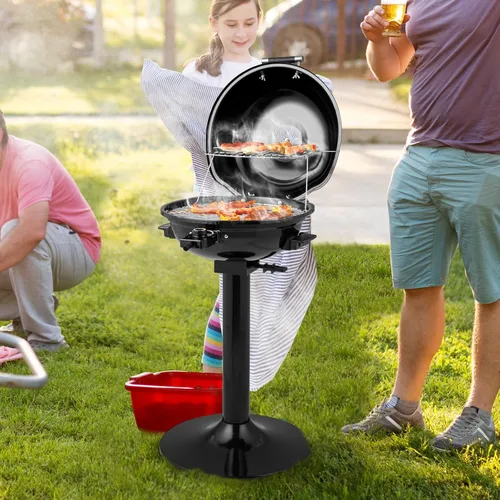 Vista 2 de ORALNER Parrilla eléctrica para barbacoa con soporte, rejilla de calentamiento y bandeja de goteo, parrilla eléctrica de 15 porciones