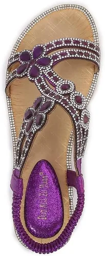Vista 4 de Sandalias planas para mujer con tiras en T, cuentas de diamantes de imitación y flores de diamantes de imitación, sandalias para llevar con vestido