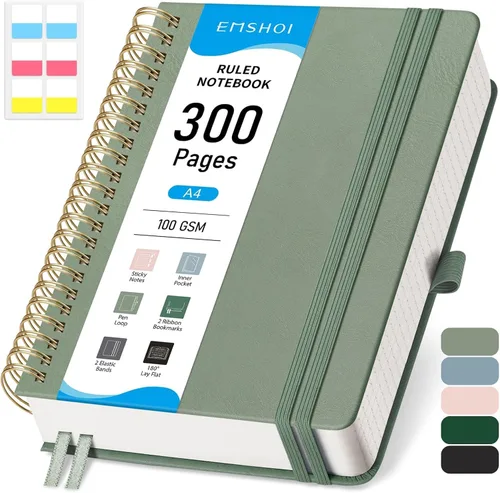Vista 18 de EMSHOI Cuaderno con espiral de la universidad rayado, 300 páginas numeradas, A4 tapa dura grande de cuero, cuaderno rayado grueso de 100 g/m²